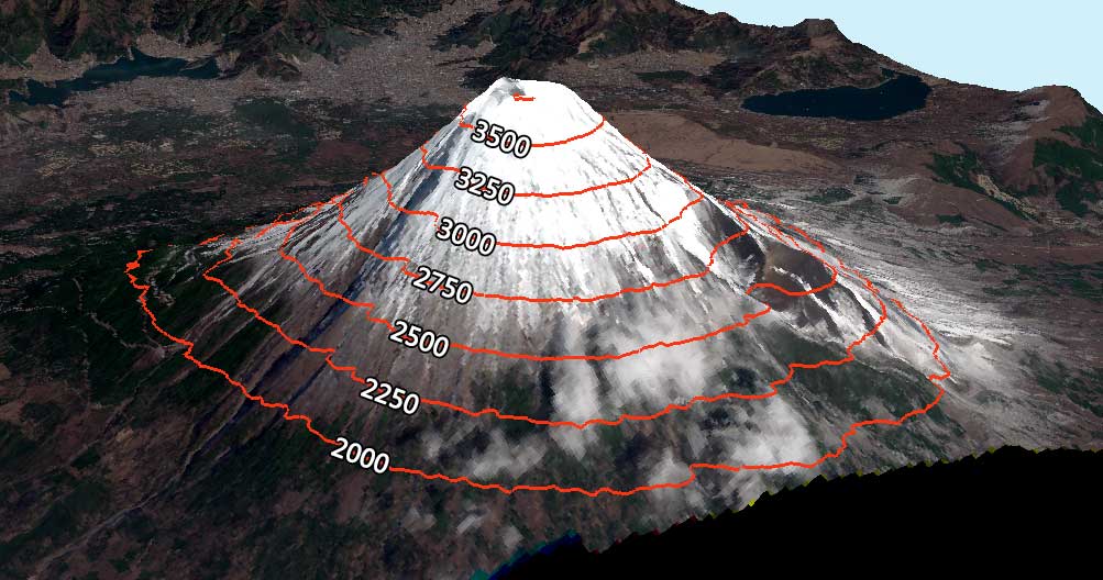 Mount Fuji 3D Contours Labels